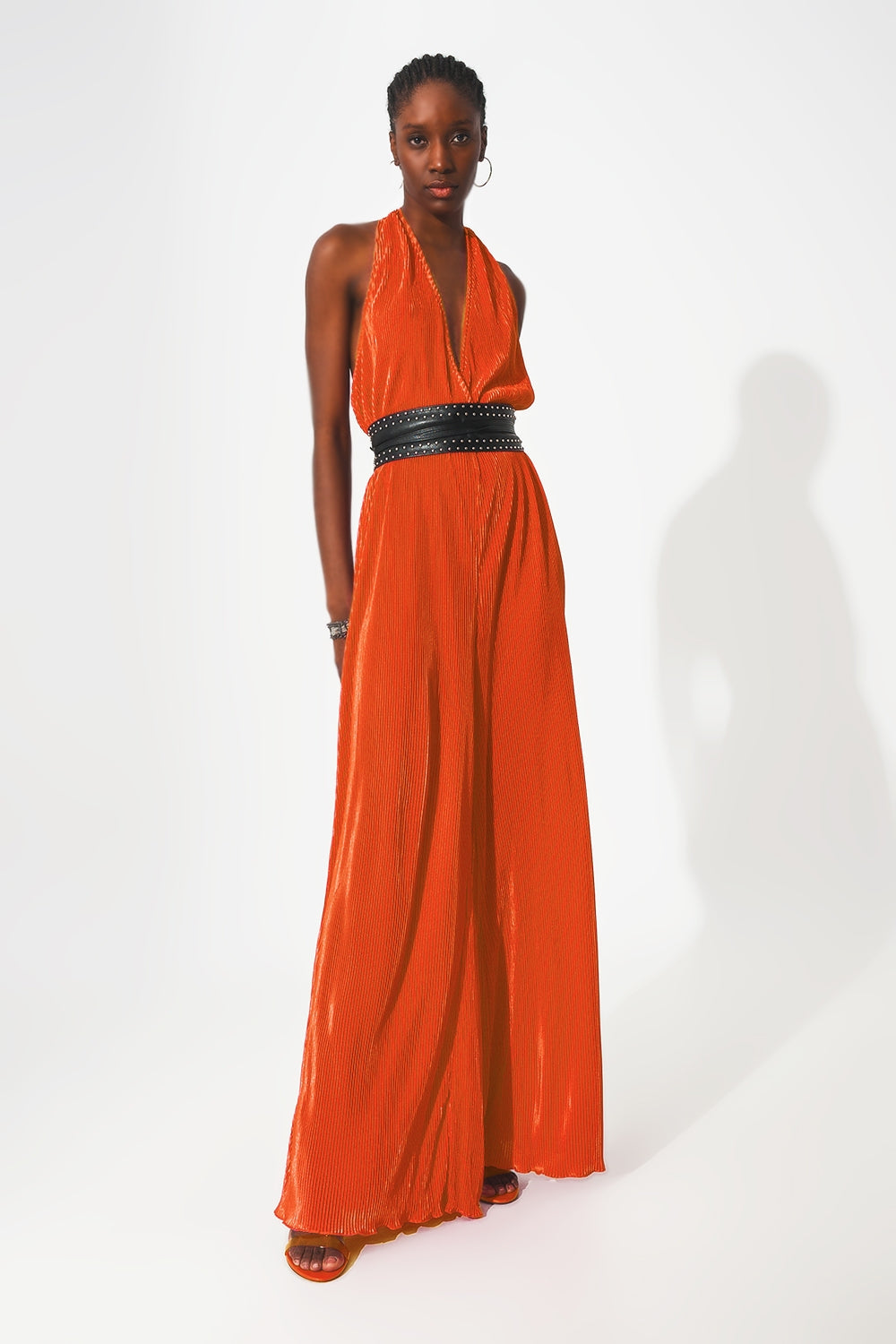 Satin halter neck pleated maxi jumpsuit in orange Q2 Dresses BoutiqueLua