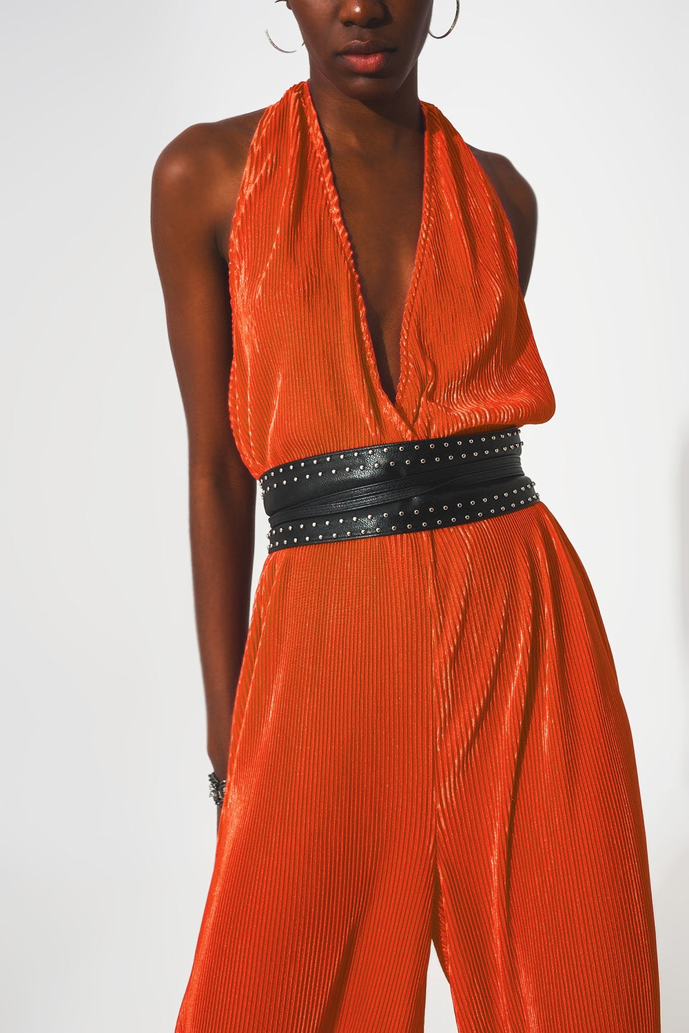 Satin halter neck pleated maxi jumpsuit in orange Q2 Dresses BoutiqueLua