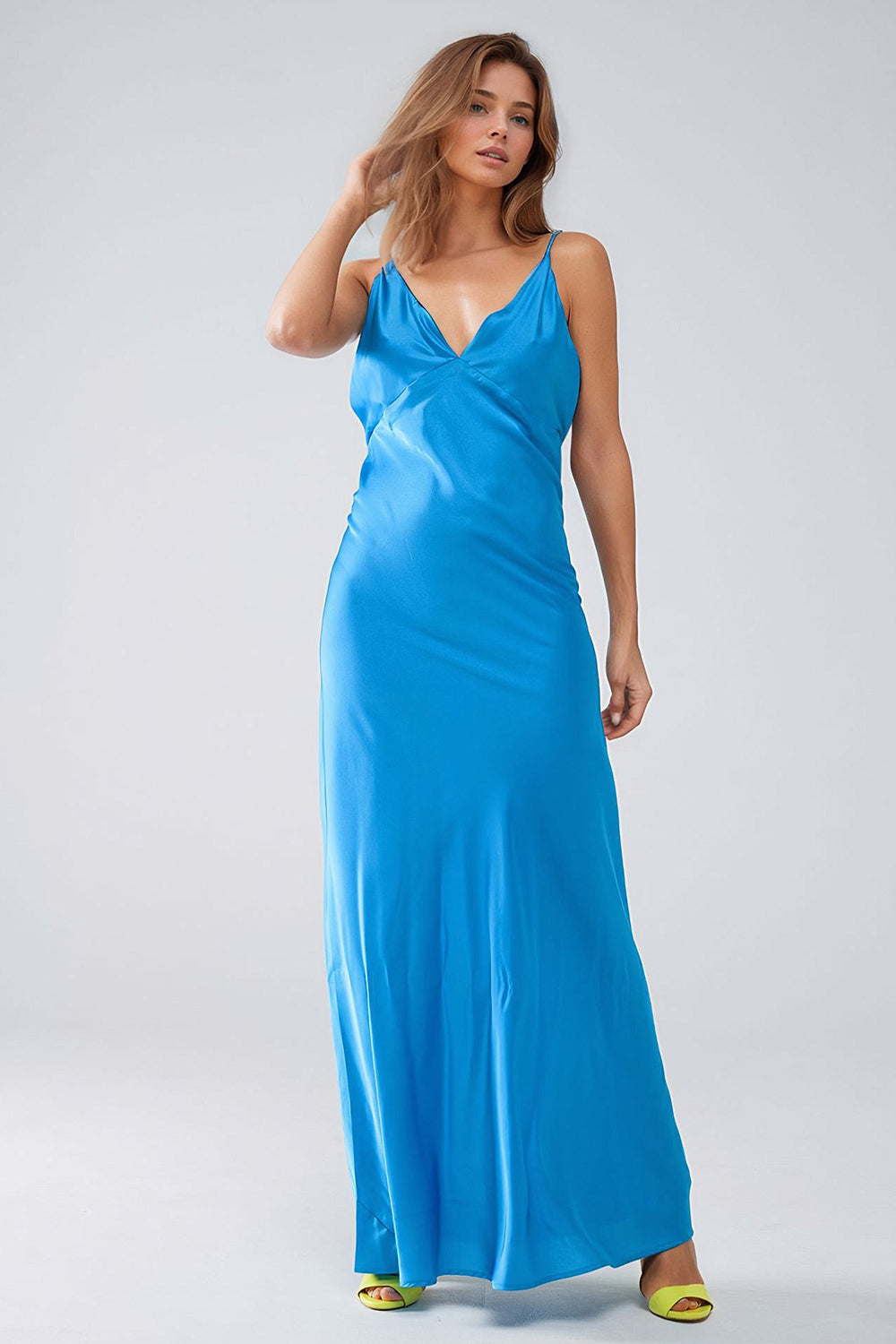 Satin Maxi Dress With Spaghetti Straps in Blue Q2 Dresses BoutiqueLua