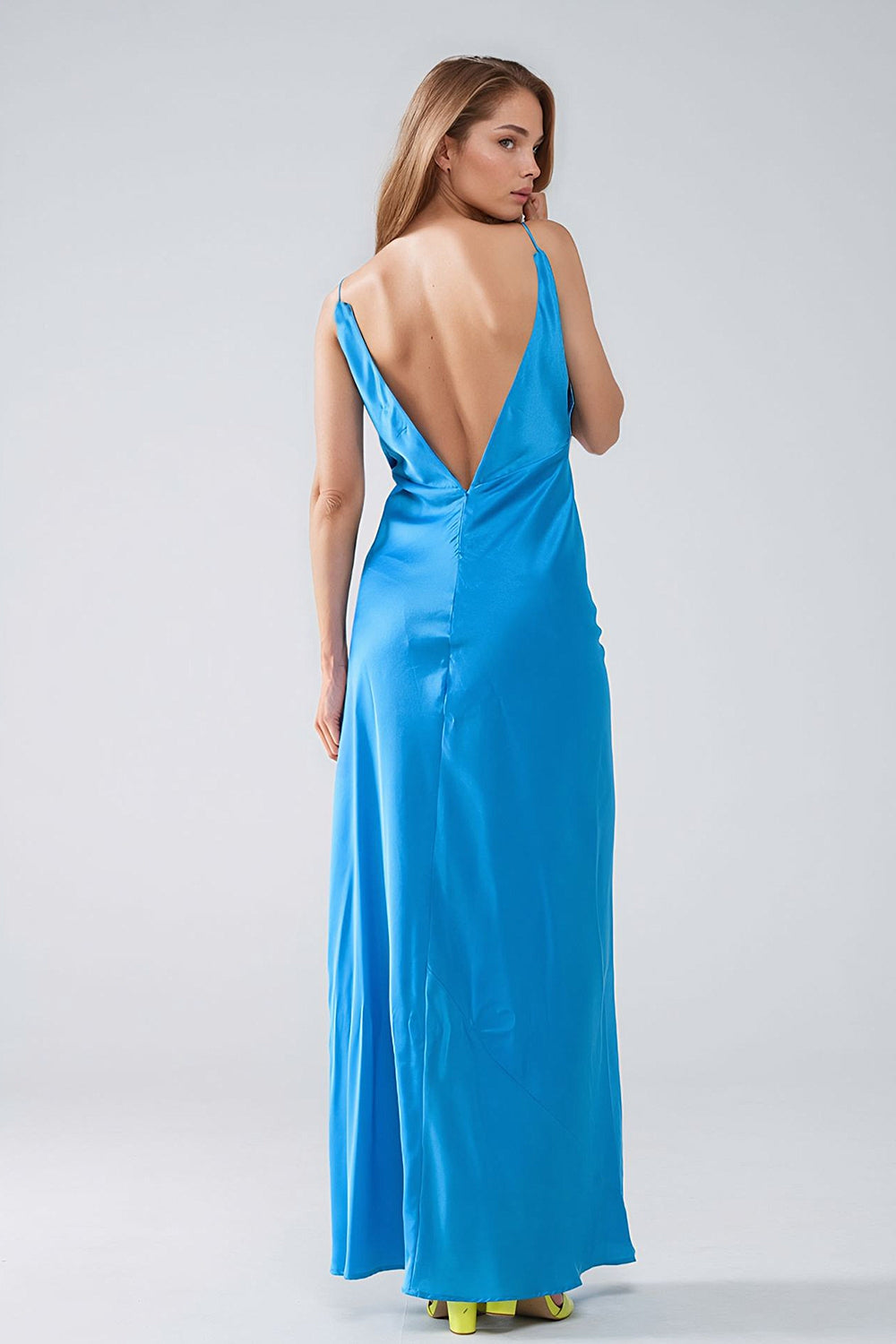 Satin Maxi Dress With Spaghetti Straps in Blue Q2 Dresses BoutiqueLua