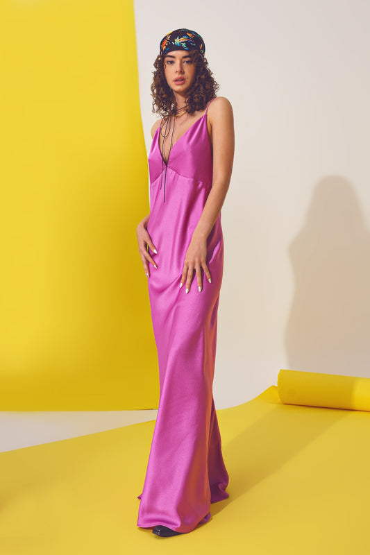 Q2 Satin Maxi Dress With Spaghetti Straps in Fuchsia