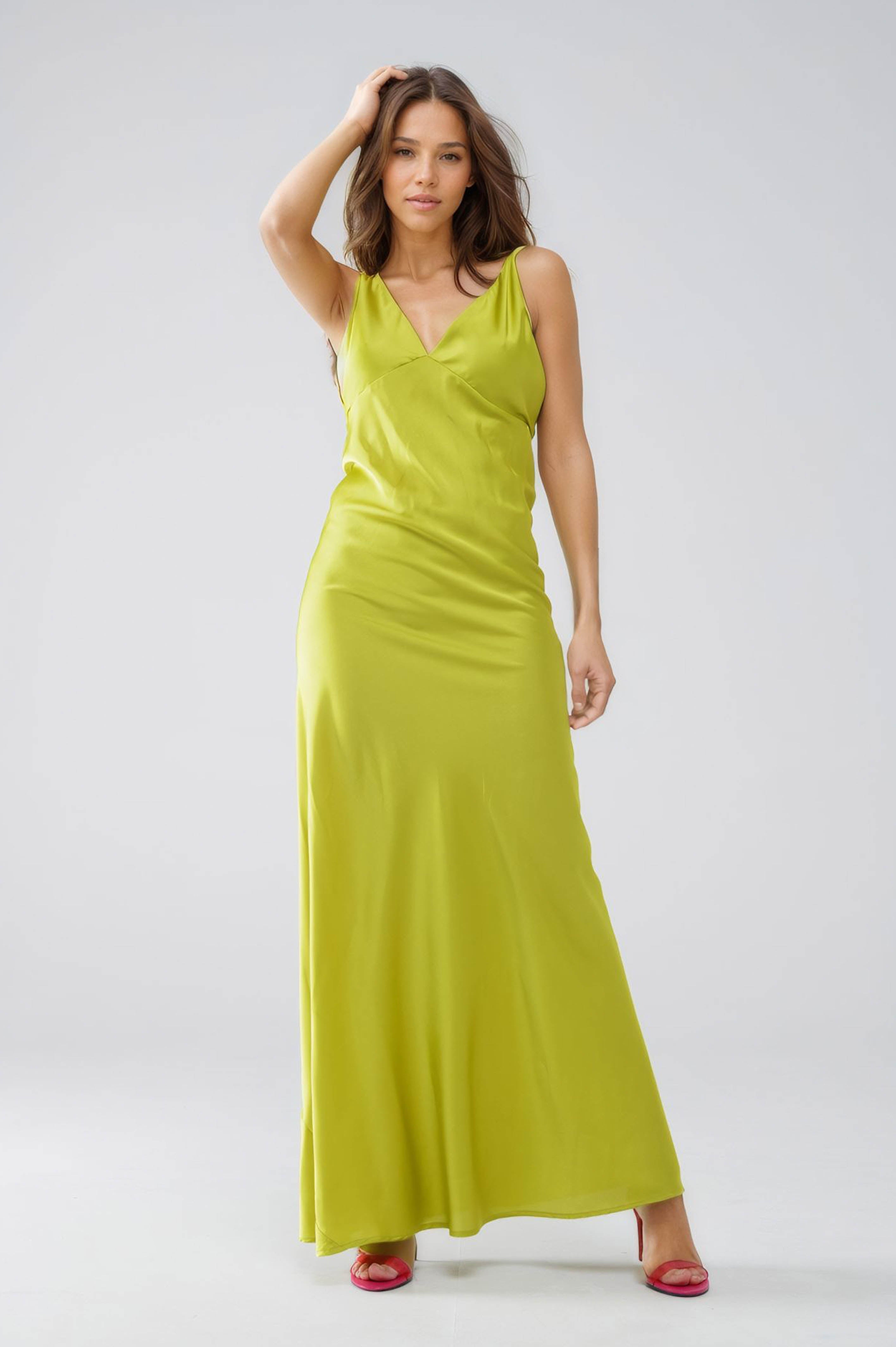 Satin Maxi Dress With Spaghetti Straps in Lime Green BoutiqueLua