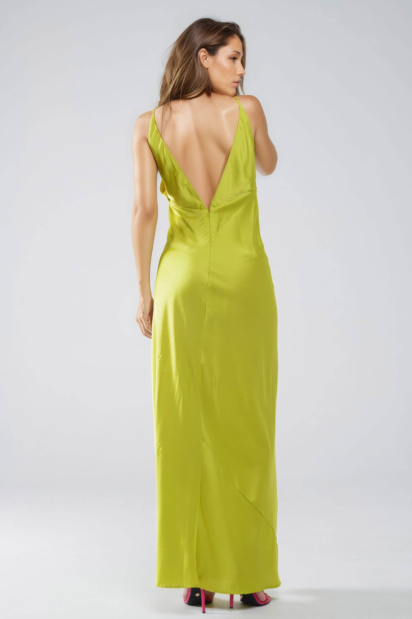 Satin Maxi Dress With Spaghetti Straps in Lime Green Q2 Dresses BoutiqueLua