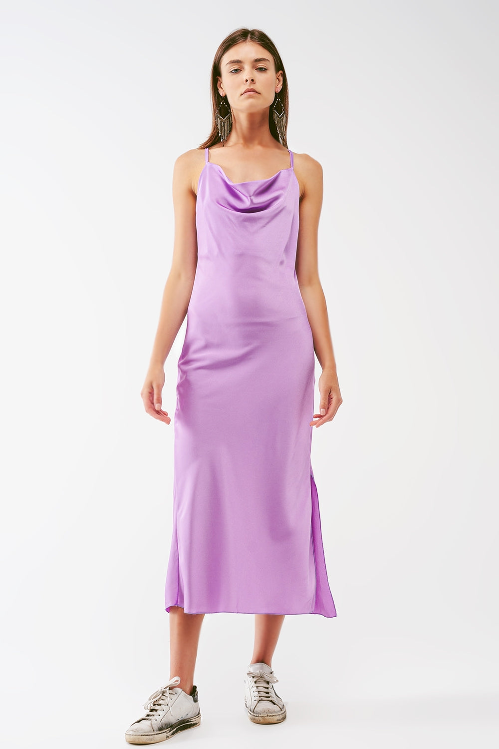 Satin Midi Dress With Cowl Neck in lilac Q2 Dresses BoutiqueLua