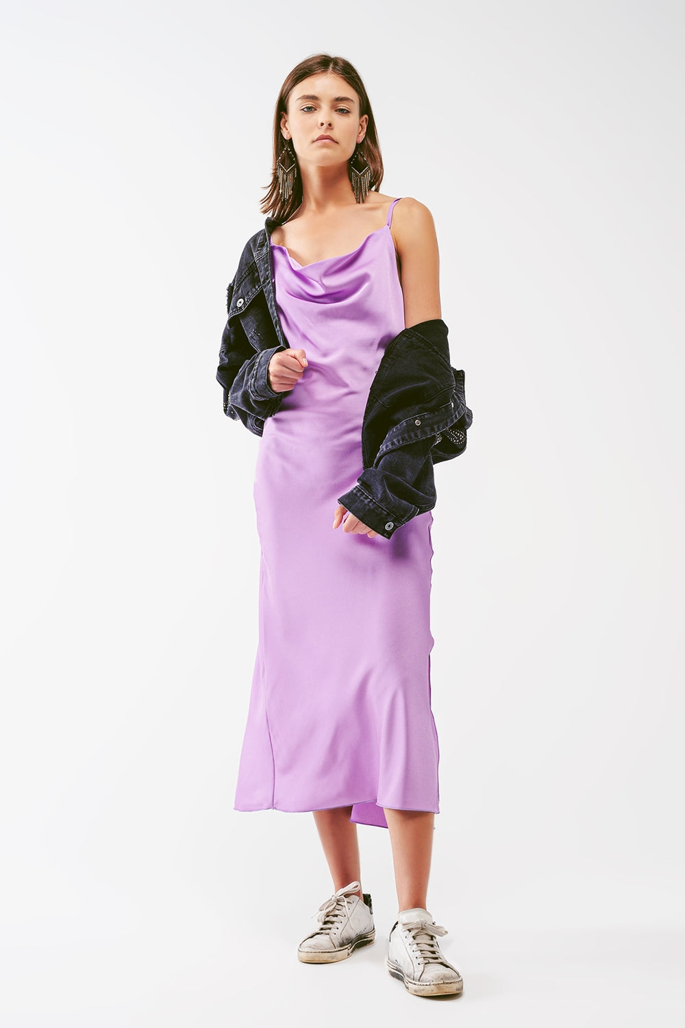 Satin Midi Dress With Cowl Neck in lilac Q2 Dresses BoutiqueLua