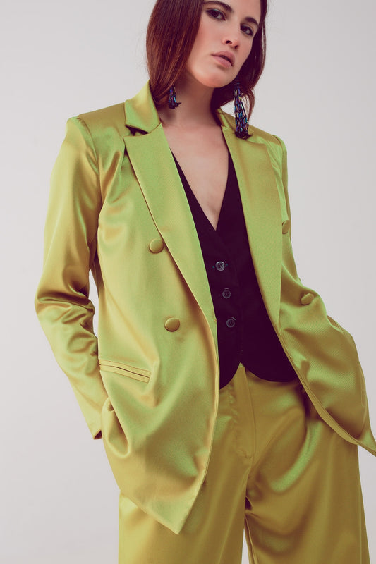 Q2 Satin tailored double breast blazer in lime