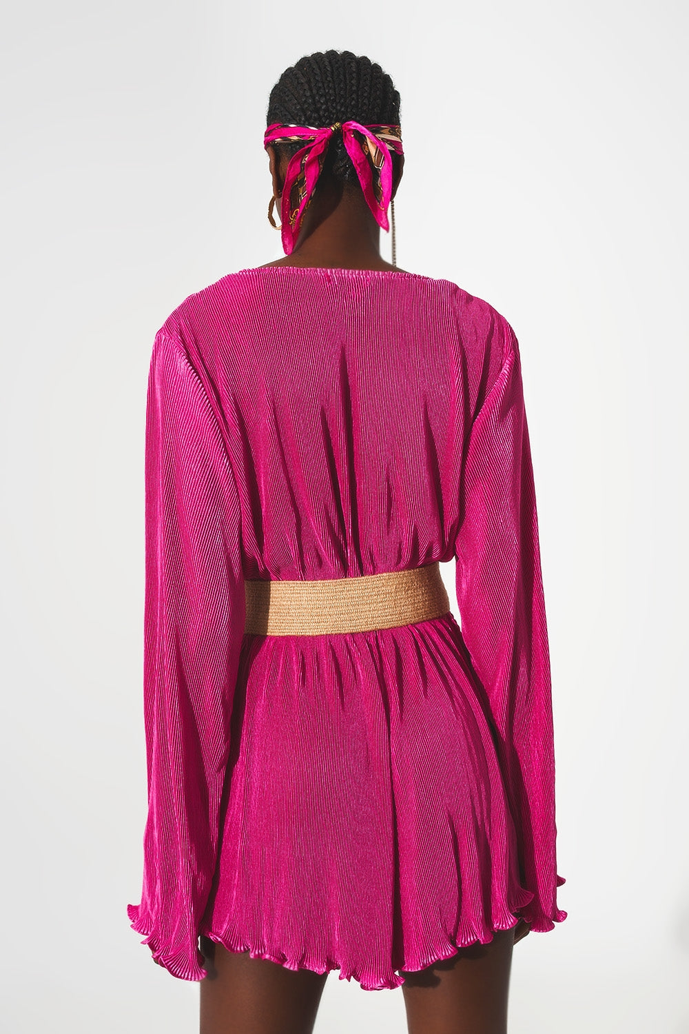 Satin wrap deatil pleated short jumpsuit in fuchsia Q2 Dresses BoutiqueLua