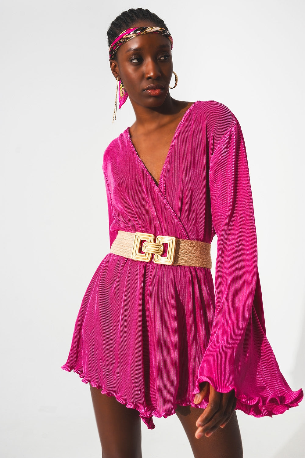 Satin wrap deatil pleated short jumpsuit in fuchsia Q2 Dresses BoutiqueLua