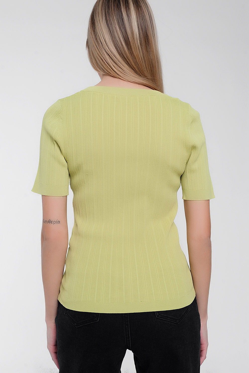 Scoop neck jumper with short sleeve in green Q2 Sweaters BoutiqueLua