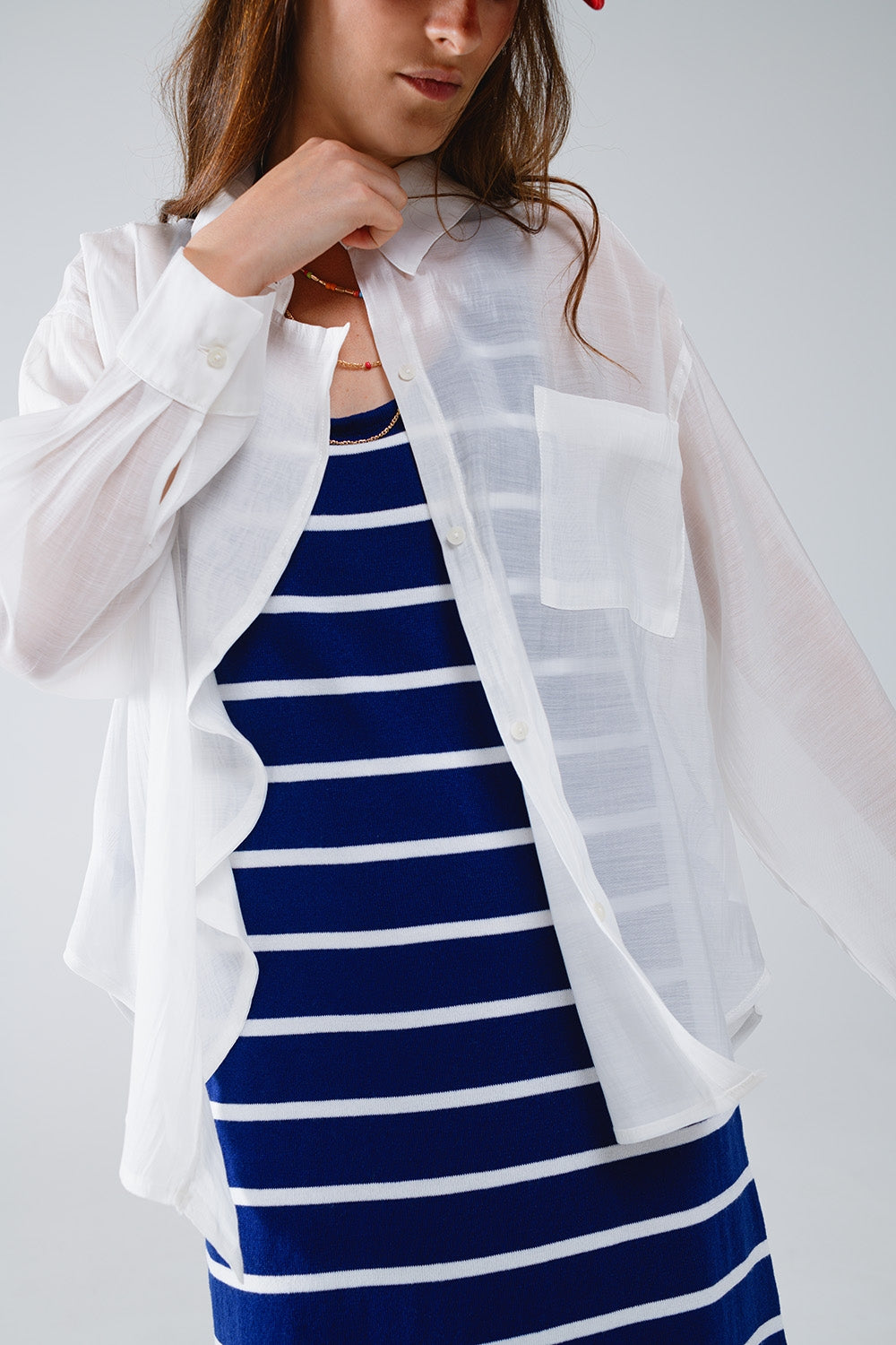 Semi Sheer White Blouse With Ruffle Detail Down The Front Q2 Shirts BoutiqueLua