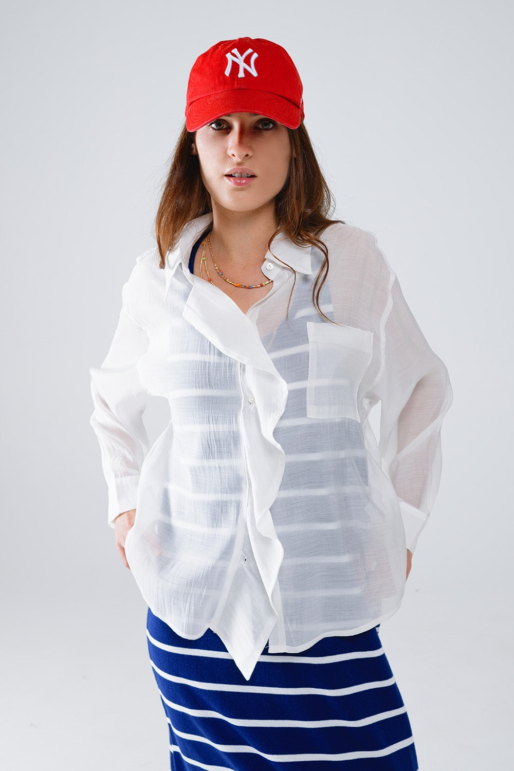 Semi Sheer White Blouse With Ruffle Detail Down The Front Q2 Shirts BoutiqueLua