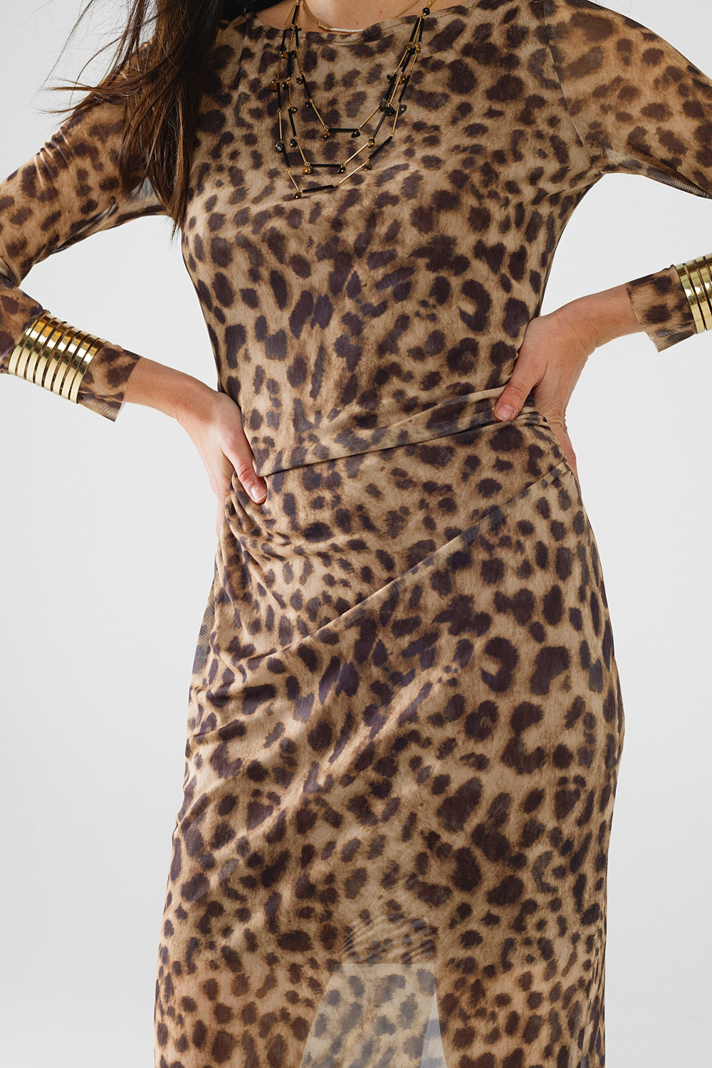 sheer long sleeve leopard print bodycon midi dress Q2 Dresses BoutiqueLua