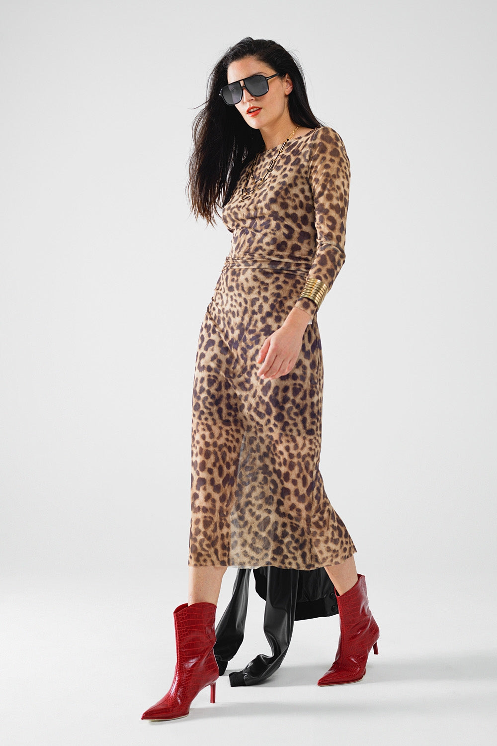 sheer long sleeve leopard print bodycon midi dress Q2 Dresses BoutiqueLua