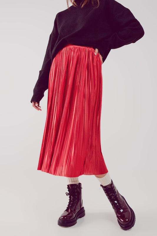 Q2 Shiny rust pleated midi skirt