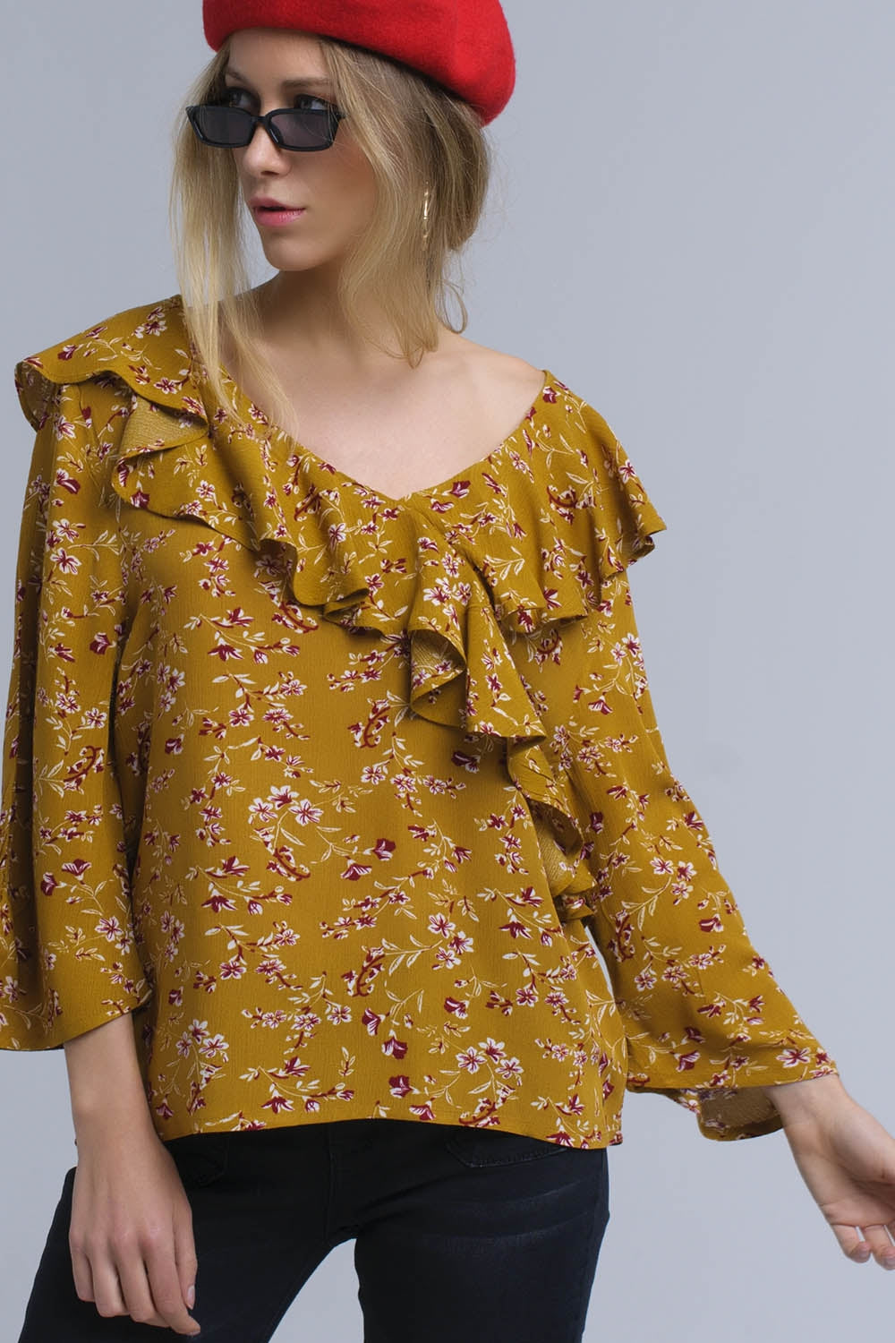 Shirt with crossed ruffles in mustard Q2 Shirts BoutiqueLua