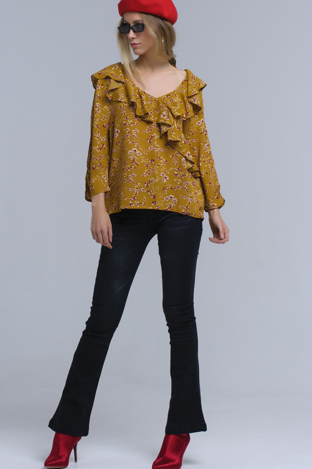 Shirt with crossed ruffles in mustard Q2 Shirts BoutiqueLua