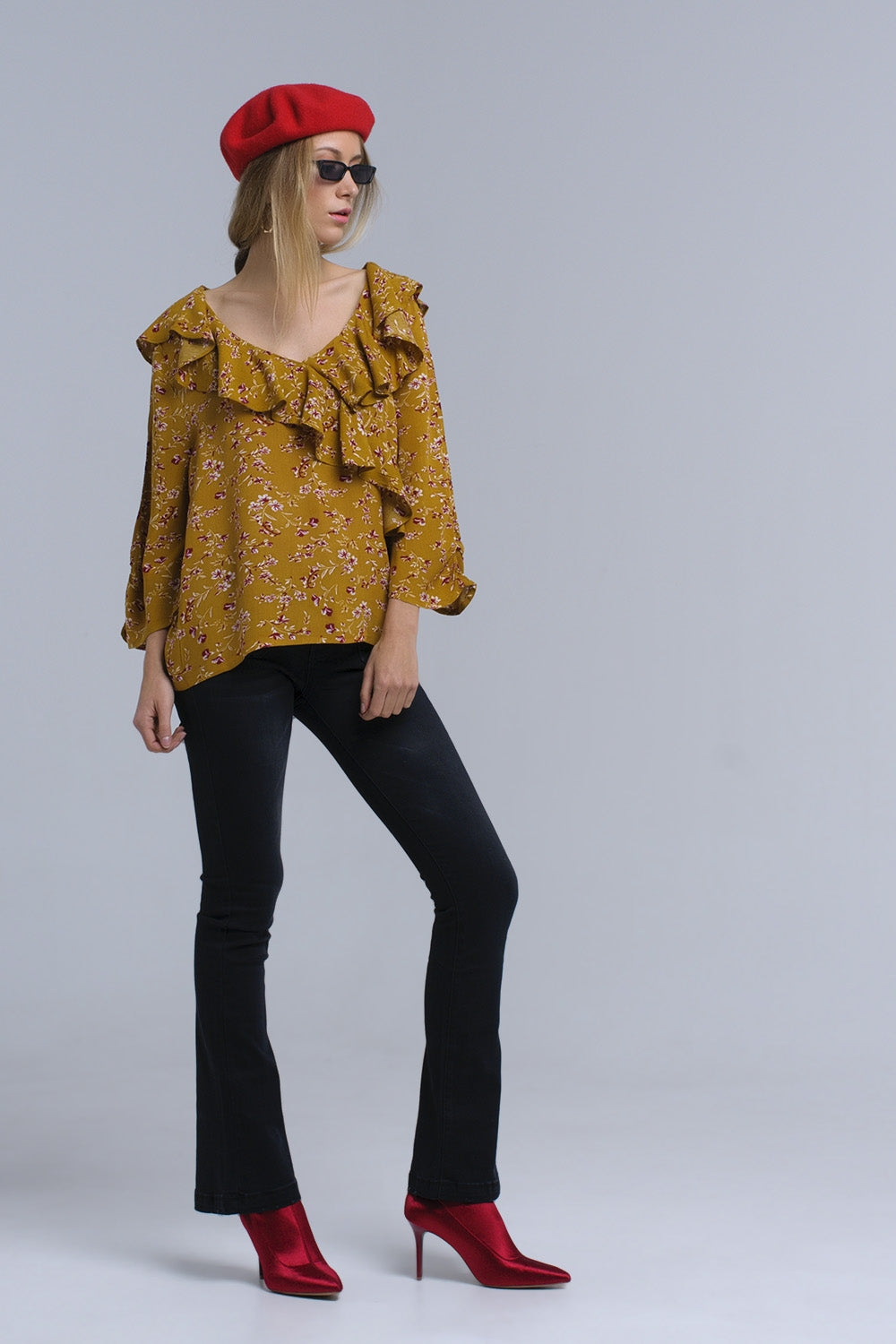 Shirt with crossed ruffles in mustard Q2 Shirts BoutiqueLua