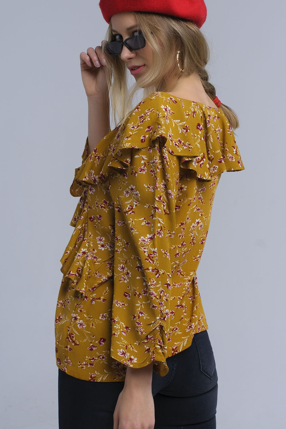 Shirt with crossed ruffles in mustard Q2 Shirts BoutiqueLua