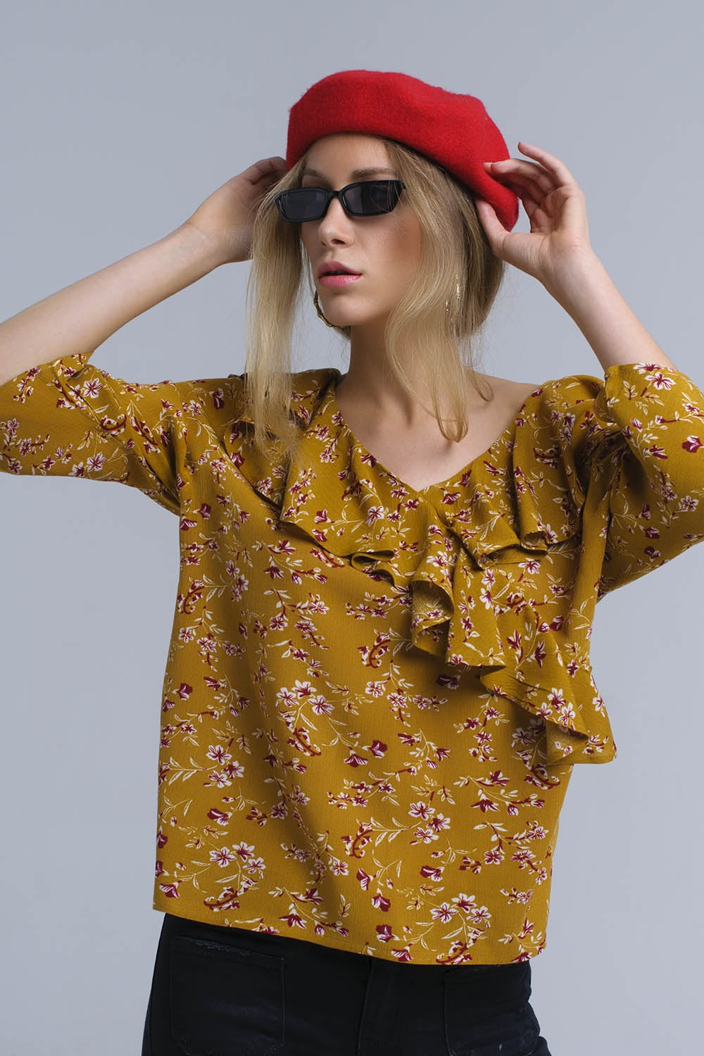 Shirt with crossed ruffles in mustard Q2 Shirts BoutiqueLua