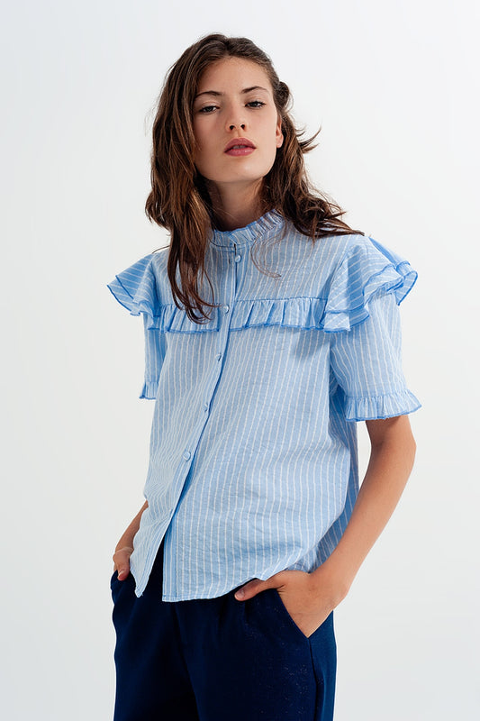 Q2 Shirt with frill detail in blue