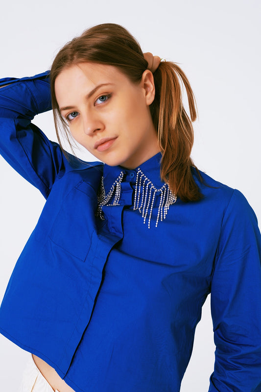 Q2 Shirt With Fringe strass Collar in blue