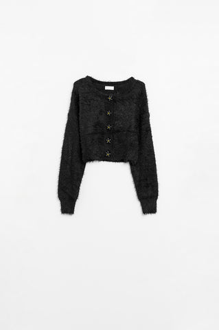 Short and fluffy black cardigan with flower buttons