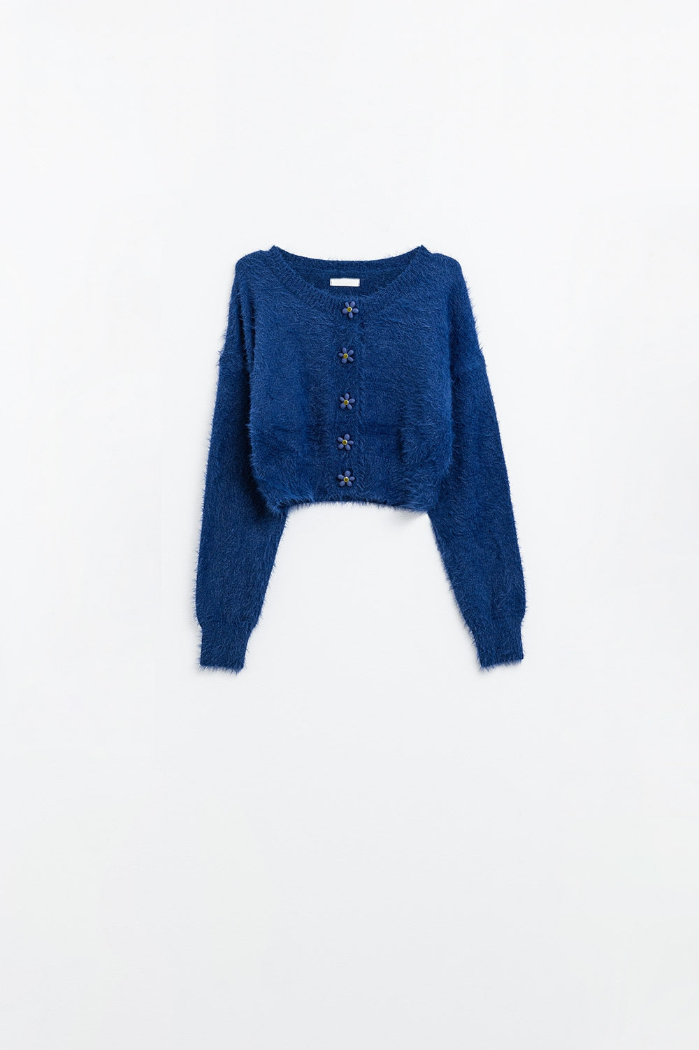 Q2 Short and fluffy navy cardigan with flower buttons