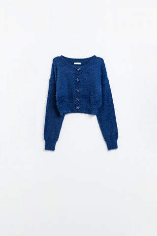 Short and fluffy navy cardigan with flower buttons