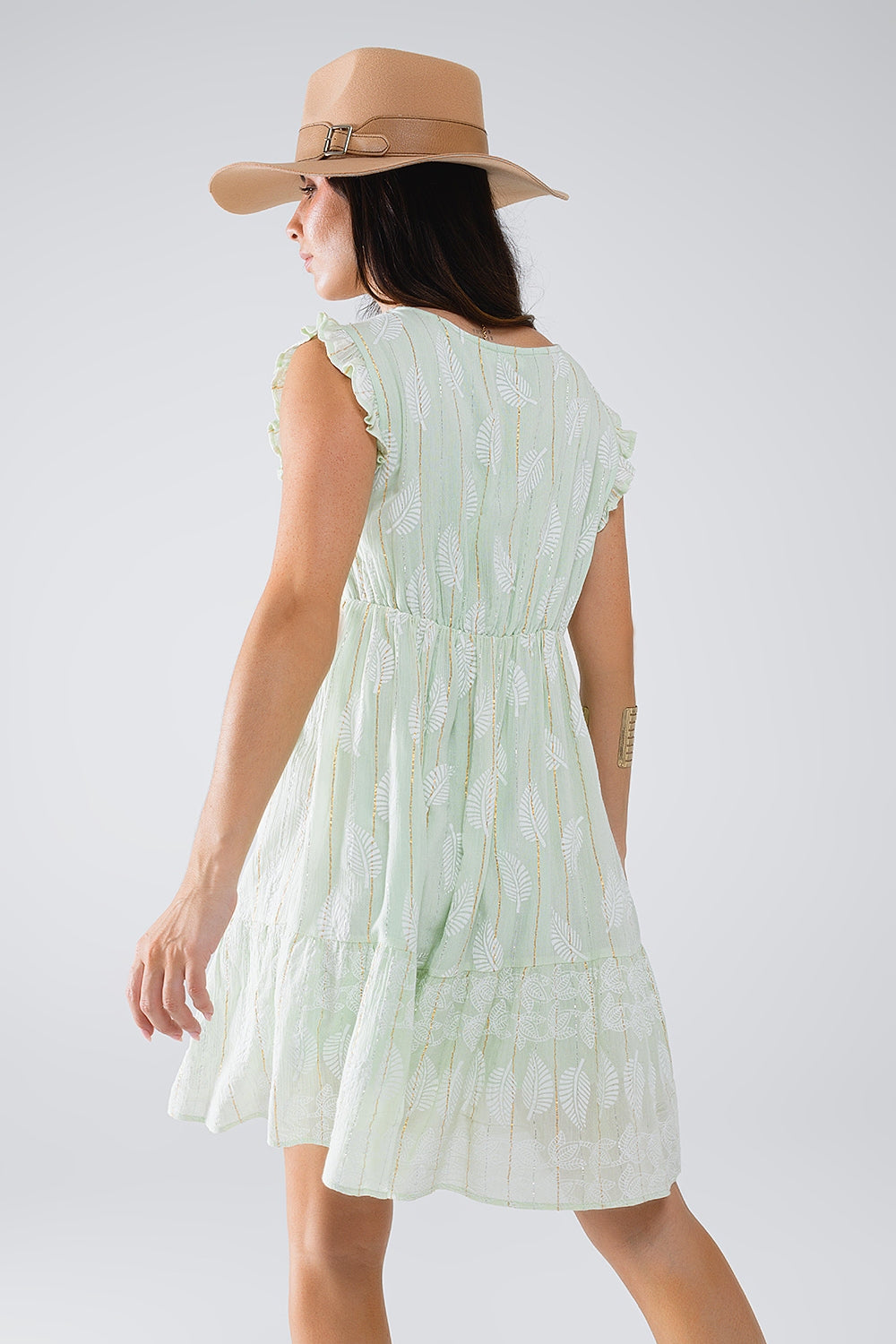 Short Babydoll Dress With Leaf Print And Lurex Thread in Mint Q2 Dresses BoutiqueLua