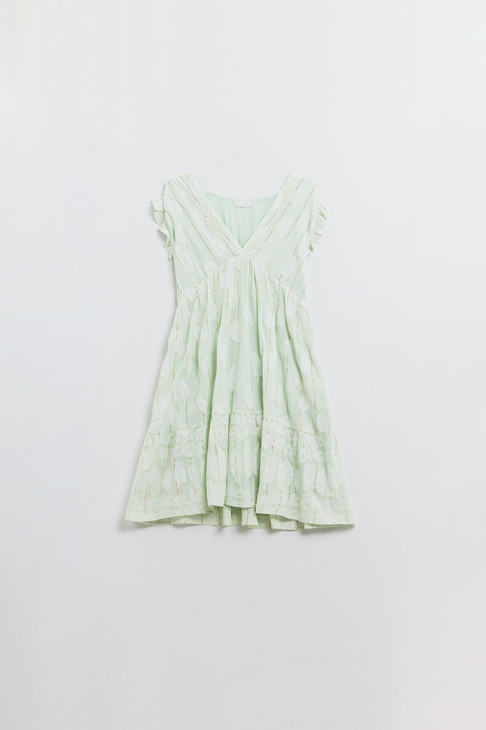 Short Babydoll Dress With Leaf Print And Lurex Thread in Mint Q2 Dresses BoutiqueLua