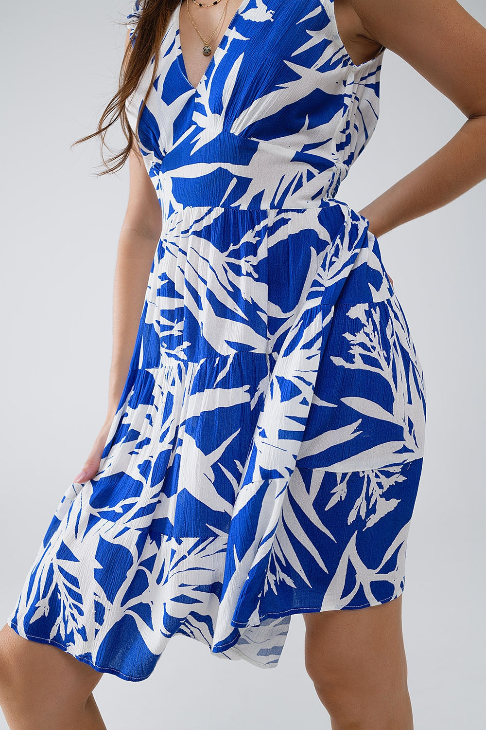 Short Blue Dress With Tropical Palm Print Q2 Dresses BoutiqueLua