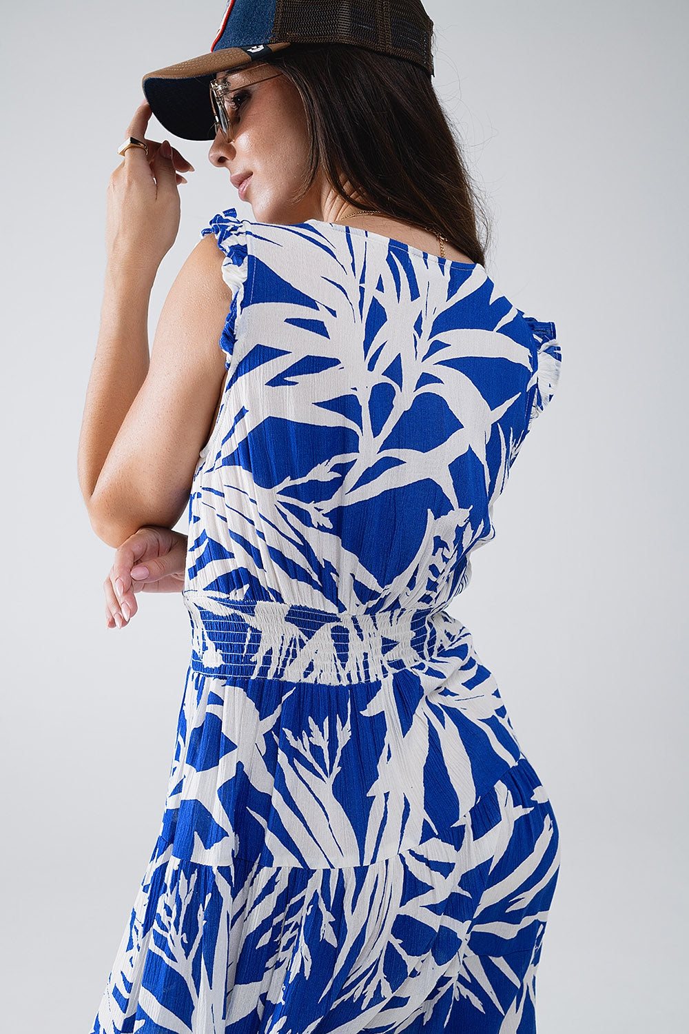 Short Blue Dress With Tropical Palm Print Q2 Dresses BoutiqueLua