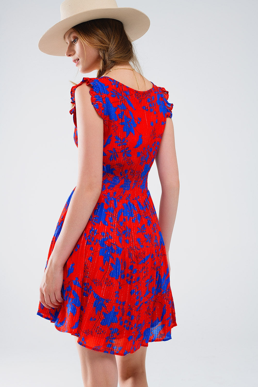 Short Dress In Red With Blue Floral Print And V-neck