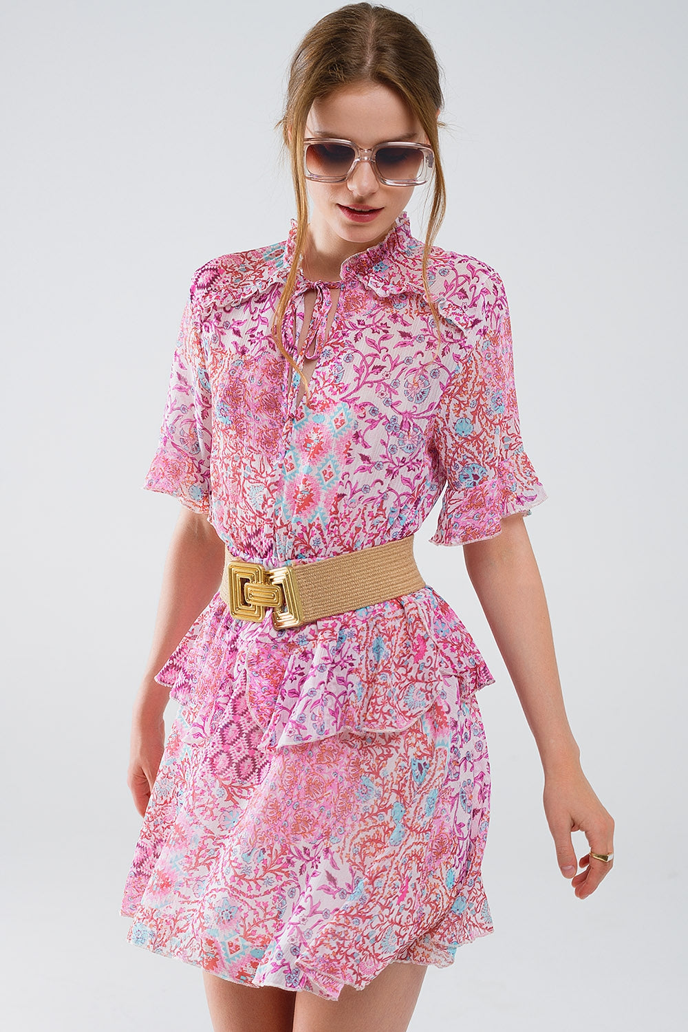 Short Dress With Abstract Print And Ruffled Skirt in Shades of Pink Q2 Dresses BoutiqueLua