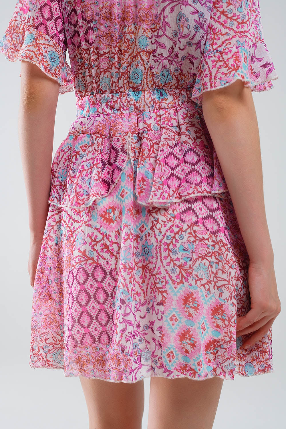 Short Dress With Abstract Print And Ruffled Skirt in Shades of Pink Q2 Dresses BoutiqueLua