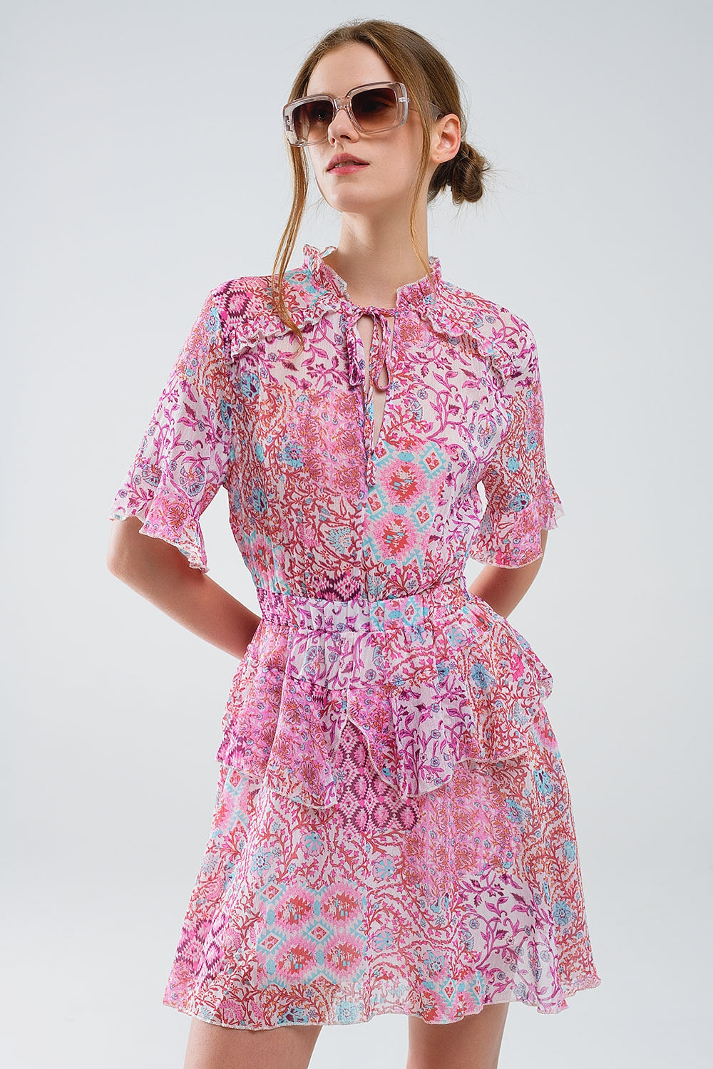 Short Dress With Abstract Print And Ruffled Skirt in Shades of Pink Q2 Dresses BoutiqueLua