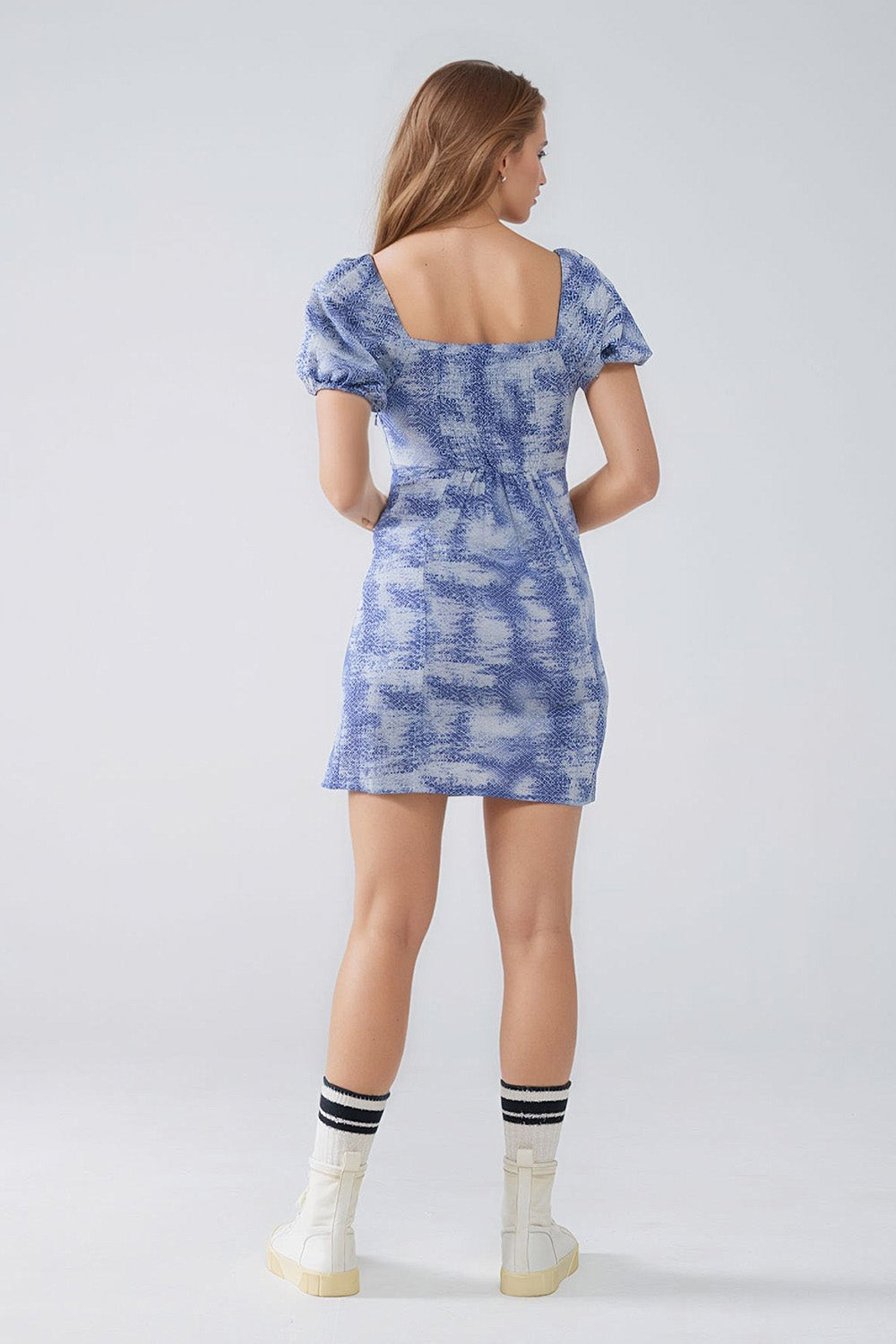 Short Dress With Puff Sleeves In Abstract Blue and White Print Q2 Dresses BoutiqueLua