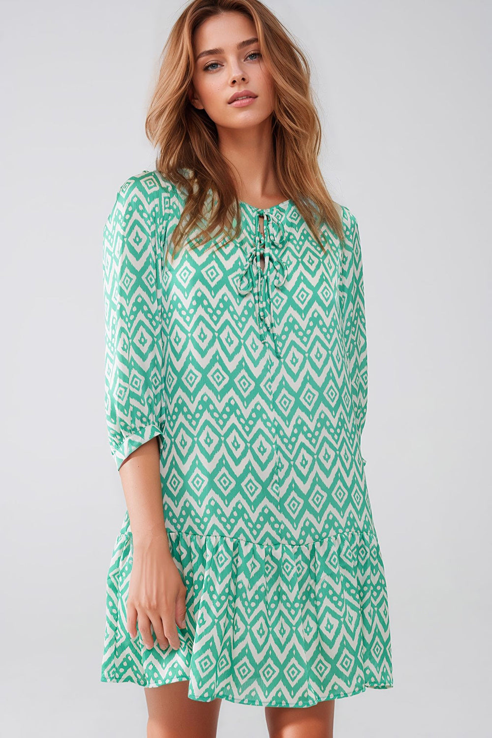 Short Dress With Tie At The Front Details in Ethnic Green Print Q2 Dresses BoutiqueLua