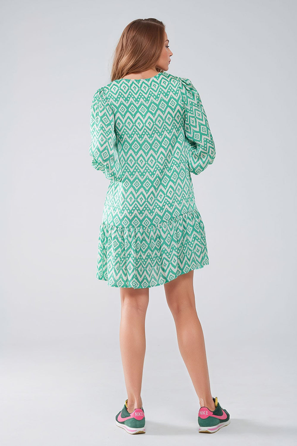 Short Dress With Tie At The Front Details in Ethnic Green Print Q2 Dresses BoutiqueLua