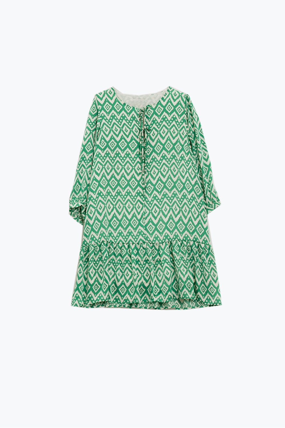 Short Dress With Tie At The Front Details in Ethnic Green Print Q2 Dresses BoutiqueLua