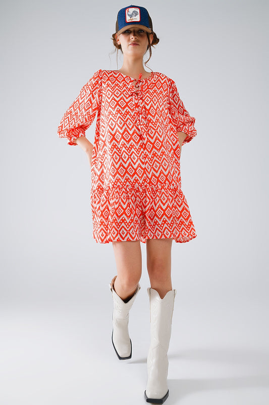 Q2 Short Dress With Tie At The Front Details in Ethnic Red Print