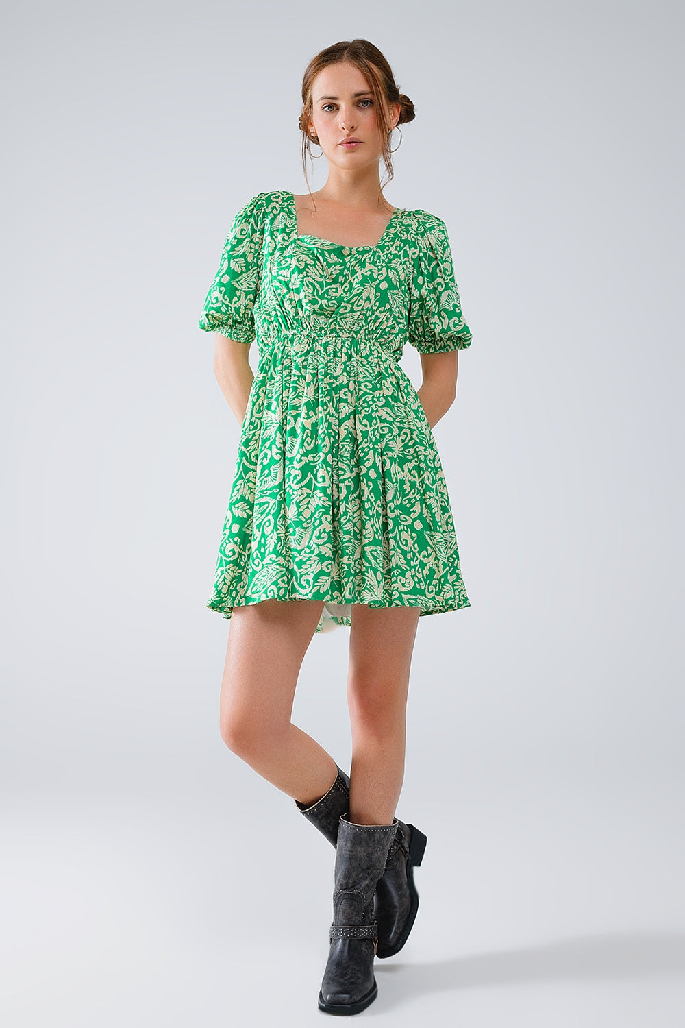 short floral print dress with gathered back in green Q2 Dresses BoutiqueLua