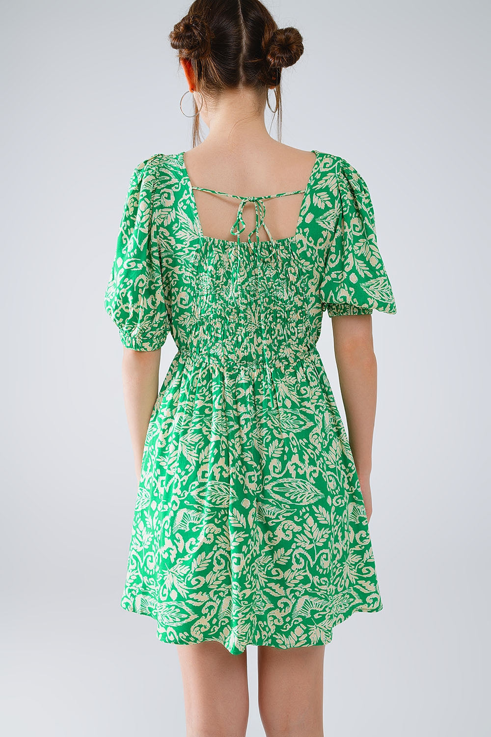 short floral print dress with gathered back in green Q2 Dresses BoutiqueLua