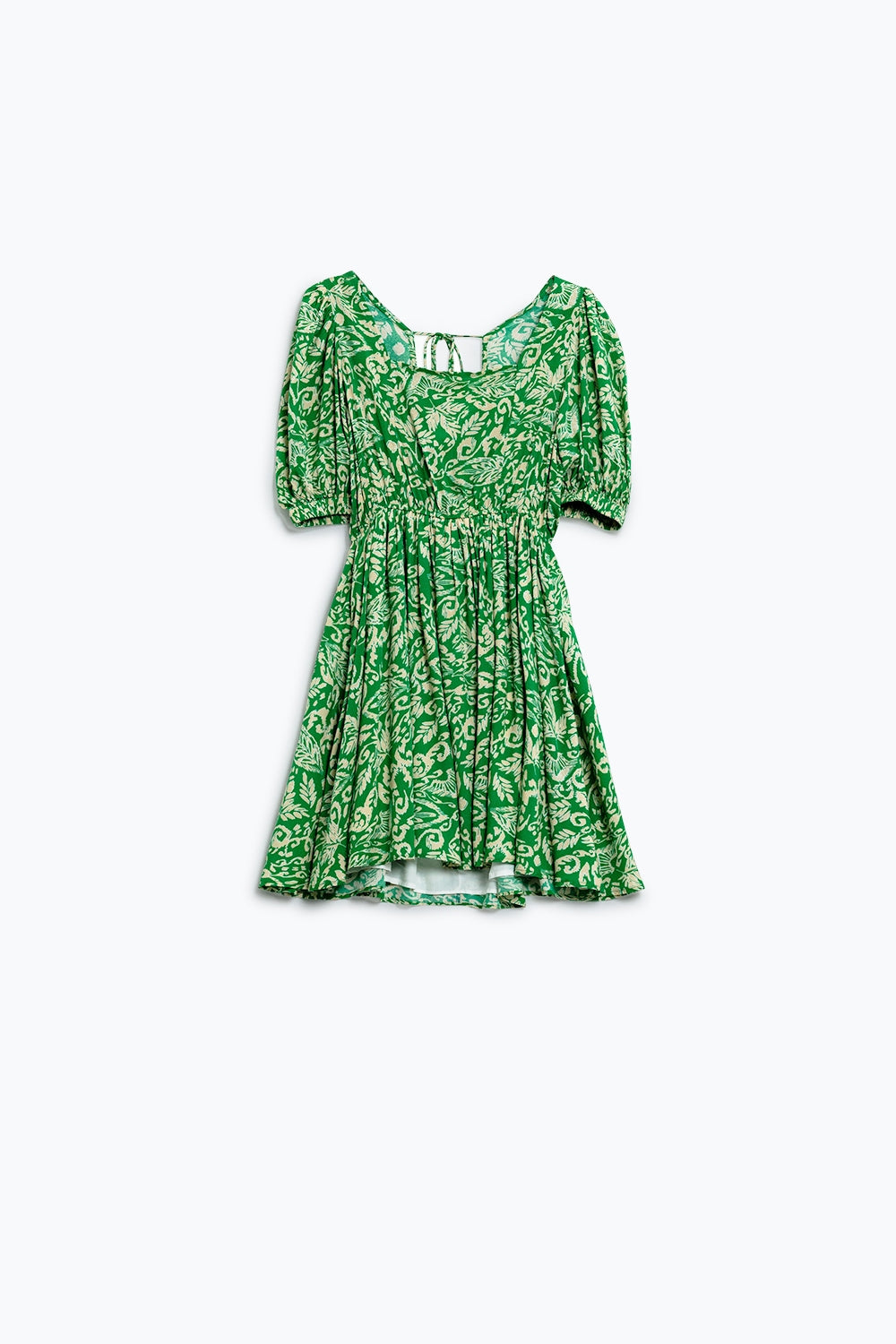 short floral print dress with gathered back in green Q2 Dresses BoutiqueLua