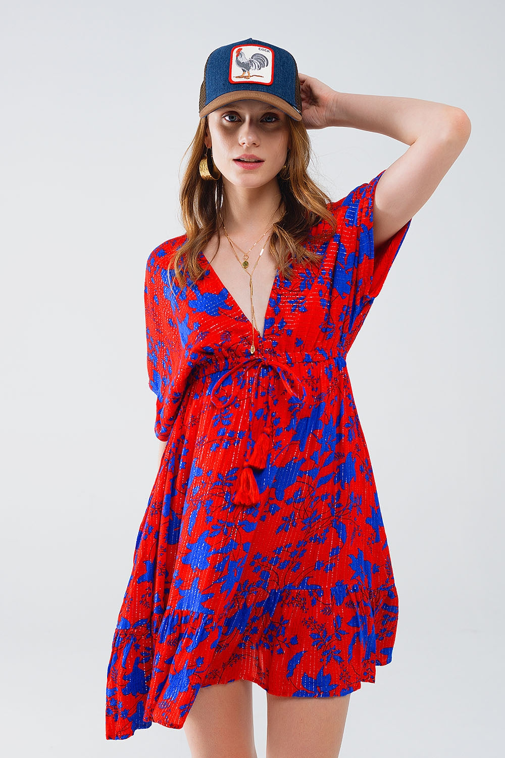 Short Flowy Dress In Red With Blue Floral Print Q2 Dresses BoutiqueLua