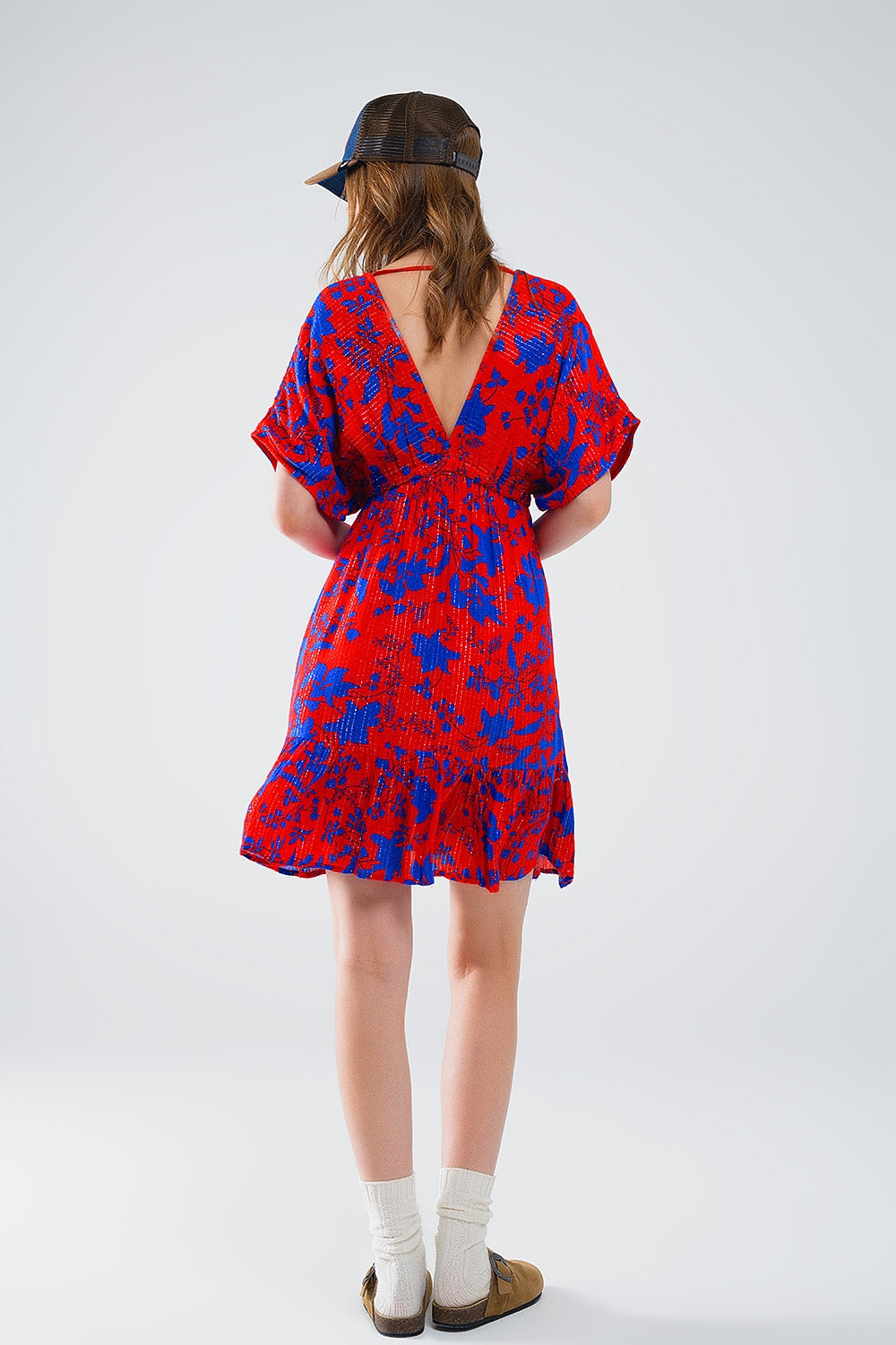 Short Flowy Dress In Red With Blue Floral Print Q2 Dresses BoutiqueLua