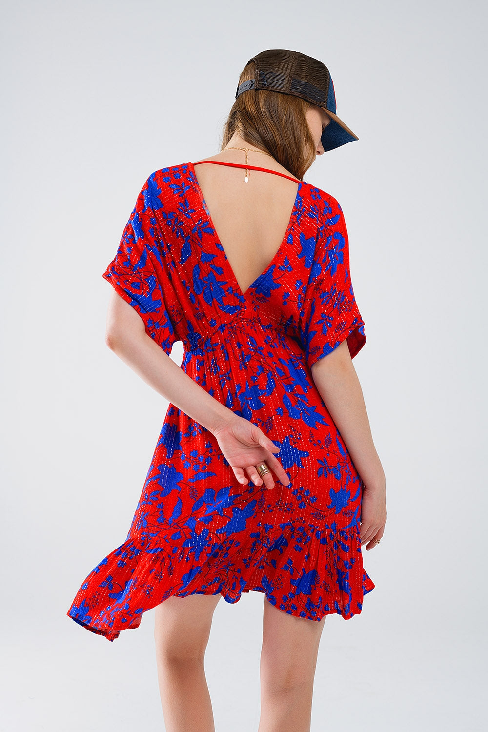 Short Flowy Dress In Red With Blue Floral Print Q2 Dresses BoutiqueLua