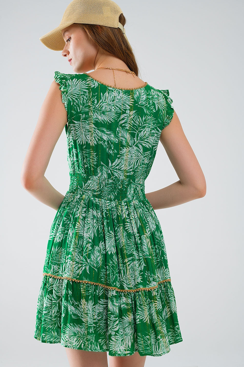 short green boho flower print dress with lurex detail Q2 Dresses BoutiqueLua