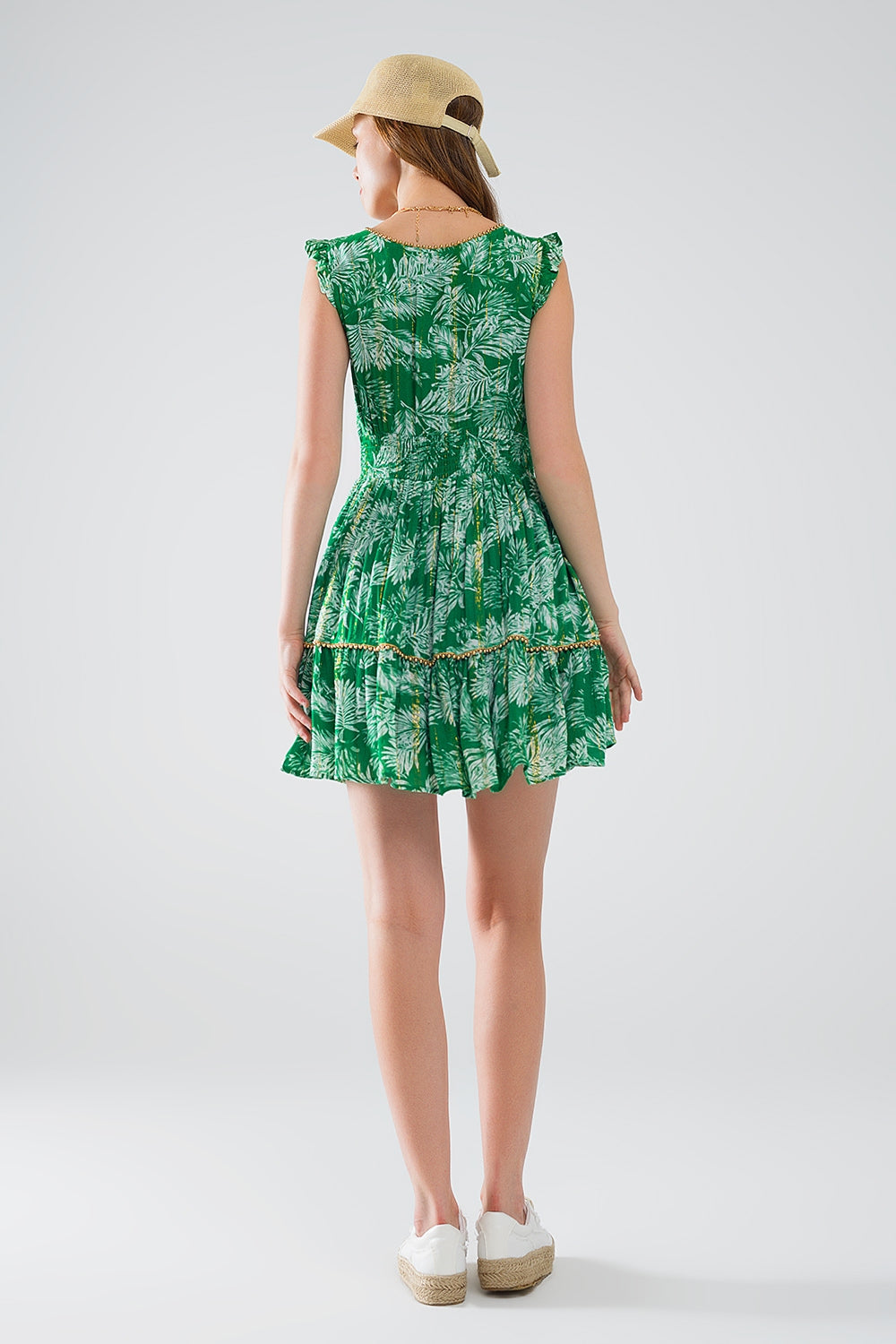 short green boho flower print dress with lurex detail Q2 Dresses BoutiqueLua