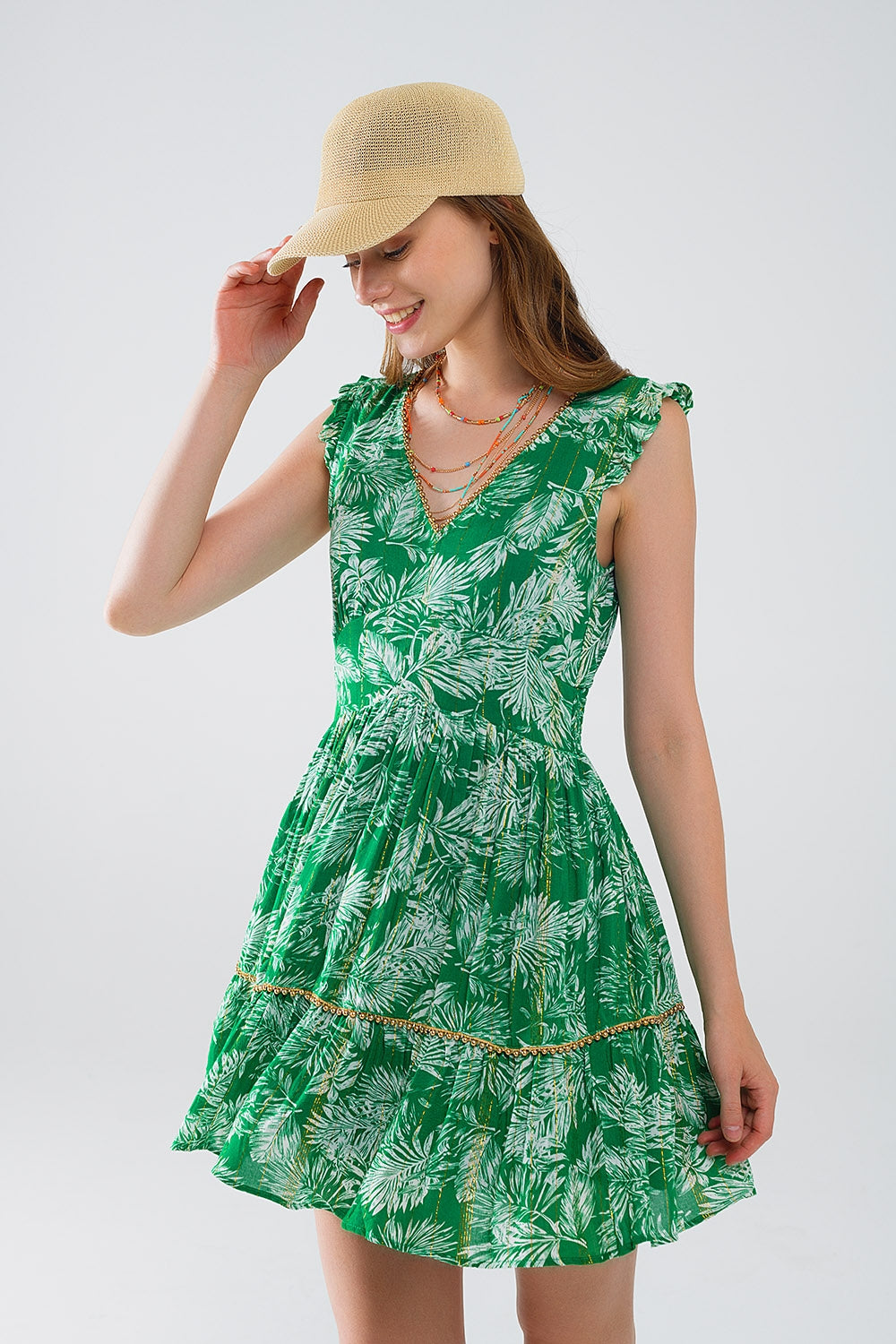 short green boho flower print dress with lurex detail Q2 Dresses BoutiqueLua